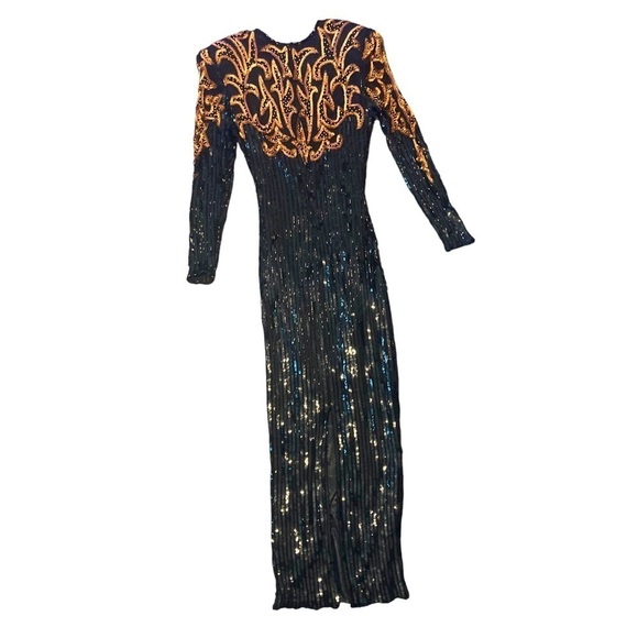 Vintage 100% Silk Black Gold Long Sleeve Beaded Sequin Evening Maxi Dress Size S - Picture 5 of 7